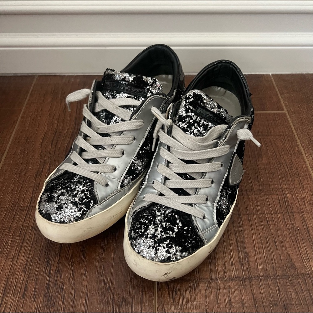 PHILIPPE MODEL Paris black velvety silver glitter sneakers w hidden wedge EU36